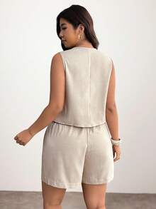 Enliva Plus Size Vest And Shorts Set For Women Summer, Elastic Waist Casual Design With Pockets, For Apple And Rounded Body Shape Bussines Dinner Beige - Apricot - View 3