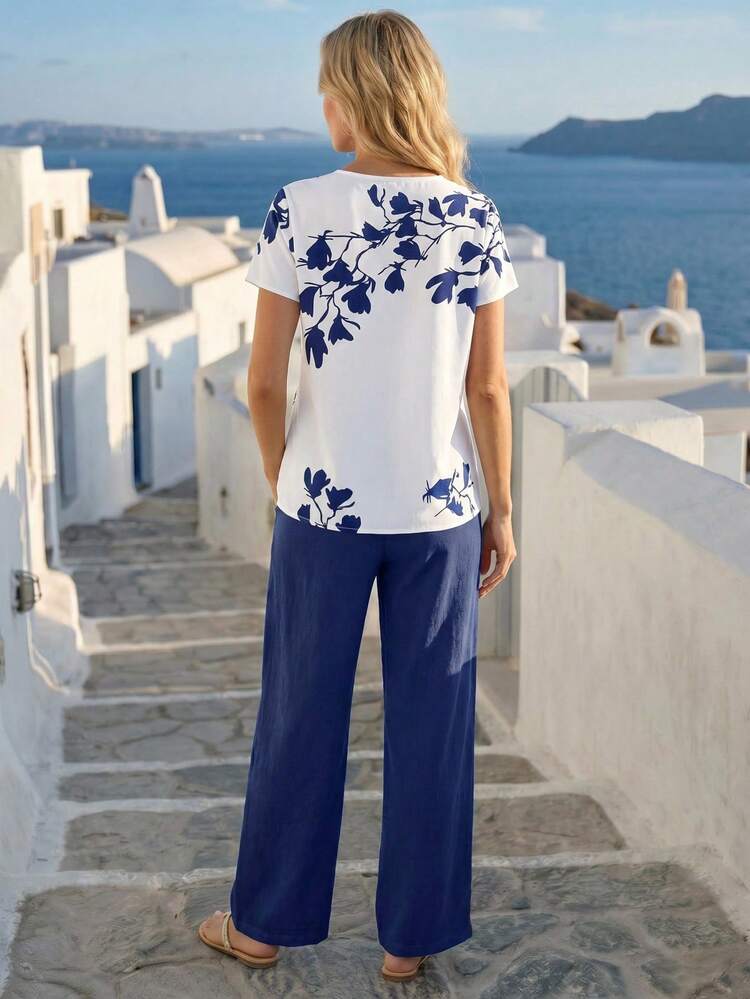 Women Solid Color Round Neck Short Sleeve Top And Flower Print Wide Leg Pants Set For Summer Two Pieces Outfits