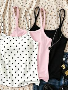SHEIN Elladie kids 青少年女孩細肩帶背心盲盒 3-in-1，3件中隨機選1件，美式復古運動風，拼色海軍藍+奶油色+紅色 - 彩色 - 查看 4