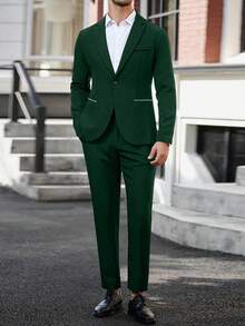 Manfinity Mode Men's Emerald Green 2 Pieces Suit: Stylish Blazer & Pants Tuxedo For Formal Occasions For Ceremony Formal - Dark Green - View 4