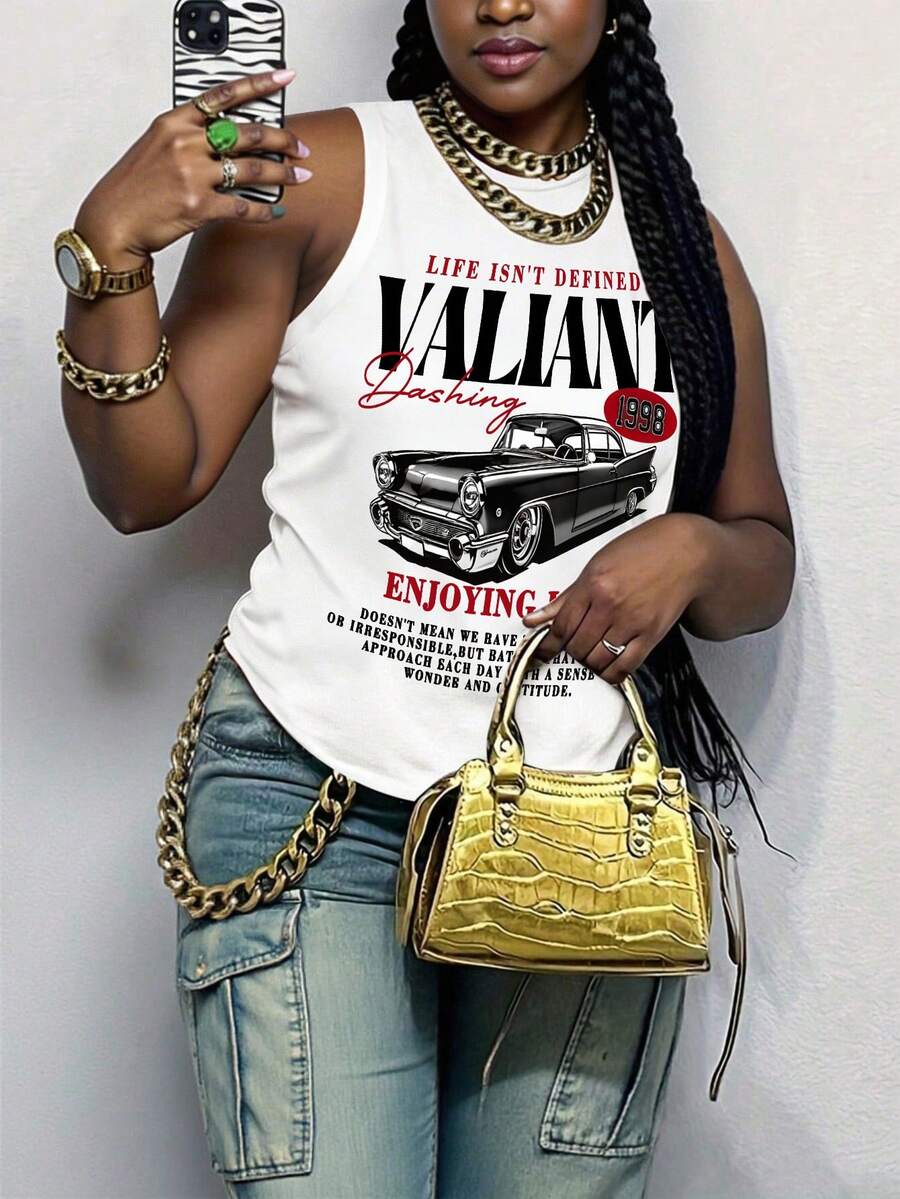 Maweii Camiseta de tirantes casual con cuello redondo y estampado de letras de palmera para mujer de talla grande - Blanco - Ver 1