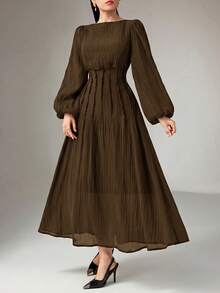 Heiryn Women's Solid Color Waist-Cinched Elegant Long Sleeve Dress Formal Dark Brown Autumn High Tea Everyday Daytime Daytime Dinner Everyday Party - Coffee Brown - View 4