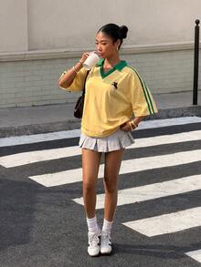 Muchica 女款對比色刺繡 Polo 衫，夏季日穿黃色街頭風上衣 - 彩色 - 查看 3