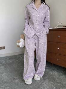 DAZY 2pcs Cute Rabbit Print Full-Print Long Sleeve Long Pants Pajama Set, Women Spring Sleepwear Outfit - Mauve Purple - View 7