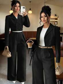 Elenzga Plus Size Women's Notched Collar, Decorative Button, Straight Leg Pants Solid Color 2 Pieces Set Office Black Autumn Elegant - Black - View 3
