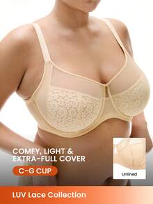 LUVLETTE Lencería de talla grande tipo salón con cobertura completa, con soporte y transpirable, sujetador con aros sexy sin forro, elegante encaje vaporoso y cómodo minimalista - Albaricoque - Ver 1