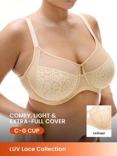 LUVLETTE Soutien-gorge minimaliste nude, lingerie de détente pour courbes, maintien total et respirant, avec armatures sexy, sans doublure, en dentelle aérée et élégante, confort léger