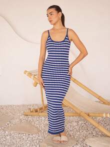 Andrea Bello Schwarz-weiß gestreiftes ärmelloses Midi-Kleid, elegant und anmutig für Frauen, Frühlings-/Sommerkleid, sexy Sommerkleid, blaues gestreiftes Kleid, figurbetontes Sommerkleid, blaues und weißes Kleid, enges langes Kleid, Strandkleid, Badeanzug, Strandurlaubs-Outfits für Frauen, blaues gestreiftes Damenkleid - Blau - Übersicht 5