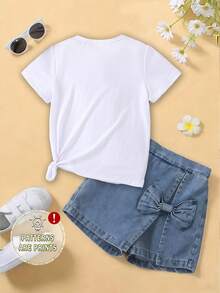 Blue And White Stripe, Summer, Cute, School, Back-To-School Tween Girls Fresh Bow Decor Pattern Print Basic Short T-Shirt, Casual Creative Personalized Minimalist - White - View 2