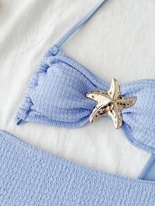 SHEIN Bộ bikini 3 mảnh màu xanh hình sao biển có cúc kim loại dành cho bé gái tuổi teen, thích hợp cho kỳ nghỉ biển, bộ đồ bơi đi biển cho bé gái. - Màu xanh lam - Xem 7
