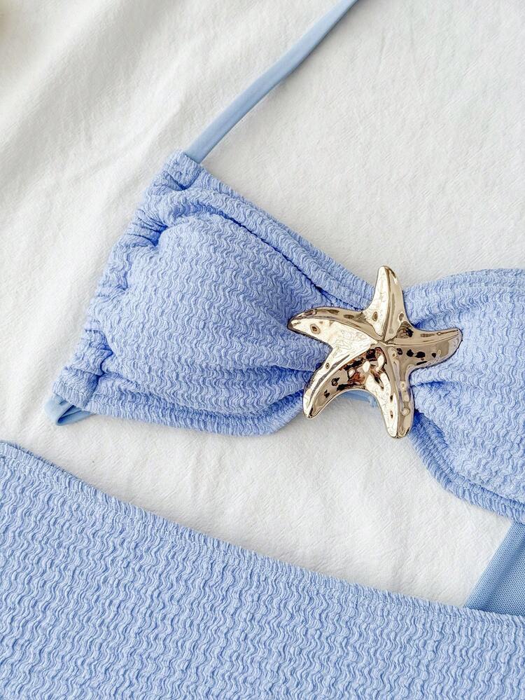 SHEIN Conjunto de 3 piezas de bikini con botones de metal con forma de estrella de mar azul para niña preadolescente, traje de baño para vacaciones en la playa - Azul - Añade 7