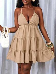 BamGleam Solid Color Tie-Up Backless Halter Layered Dress - Khaki - View 7