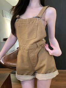 DAZY Short en kaki vintage lavé pour festival de musique, Saint-Valentin, usage décontracté de rue et extérieur. Salopette en jean pour femmes, printemps et été - Kaki - Voir 4