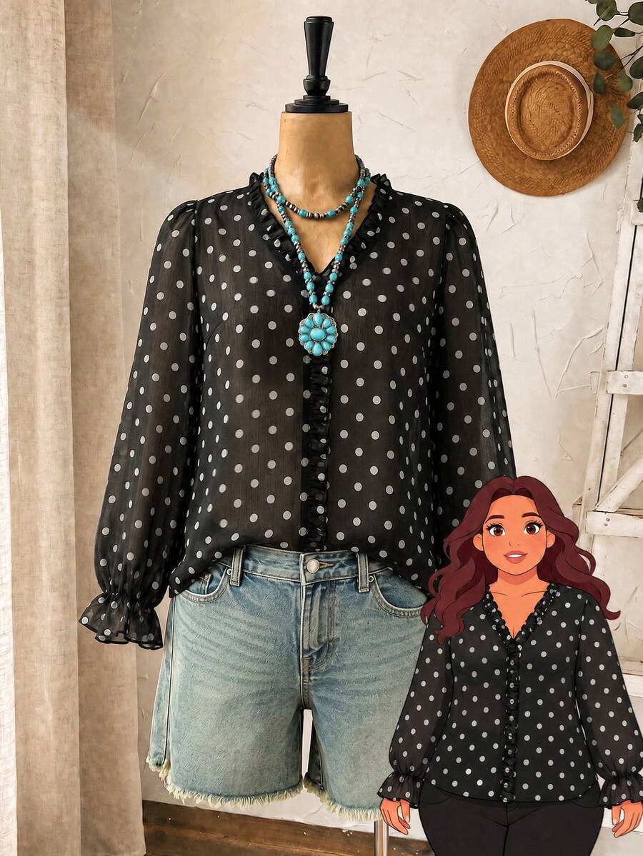 Linhara Áo sơ mi dài tay chấm bi xếp nếp thời trang cỡ lớn, màu nâu, chất liệu chiffon, thích hợp cho mùa hè, dạo chơi và nghỉ lễ. - màu đen - Xem 1