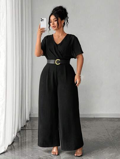 Elenzga Bộ jumpsuit dài cổ chữ V màu đen bằng chiffon dành cho nữ cỡ lớn, kiểu dáng trẻ trung, thoáng mát, rủ nhẹ, tôn dáng, thích hợp cho đi làm hàng ngày, công sở, hẹn hò và tụ họp.