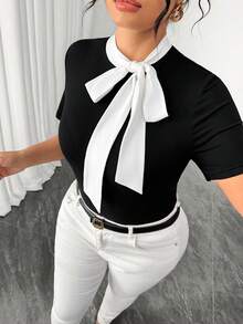 Elenzga Plus Size Women's Summer New Black & White Contrast Bow Tie Strap Slim Fit Elegant Short Sleeve T-Shirt, Suitable For Casual, Commuting, And Dating - Black and White - View 5