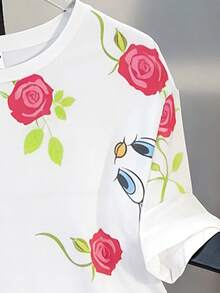 LOONEY TUNES X SHEIN GraphicGems 少女休闲度假通勤可爱碎花短袖T恤，夏季 - 白色 - 查看 4