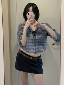 DAZY 女士时尚休闲格子印花纽扣短款衬衫 - 藍色 - 查看 4