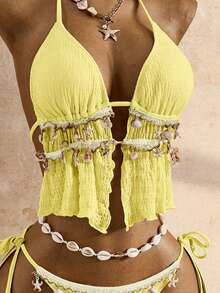 Bellisia Bộ áo croptop và tankini họa tiết jacquard họa tiết vỏ sò, thích hợp cho kỳ nghỉ hè/xuân, 26SS. - Màu vàng - Xem 5