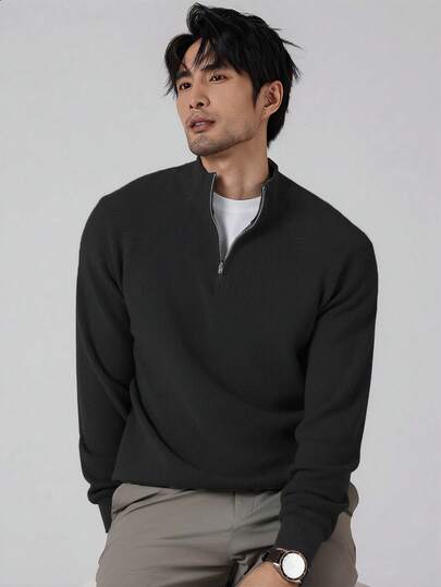 Manfinity Mode Men's Solid Color Front Zipper Long Sleeve Minimalist Sweater, Casual Daily Wear, Men Knit Tops, Mock Neck Men, Men Sweater Top, Quarter Zip Sweater Men, For Fall Winter