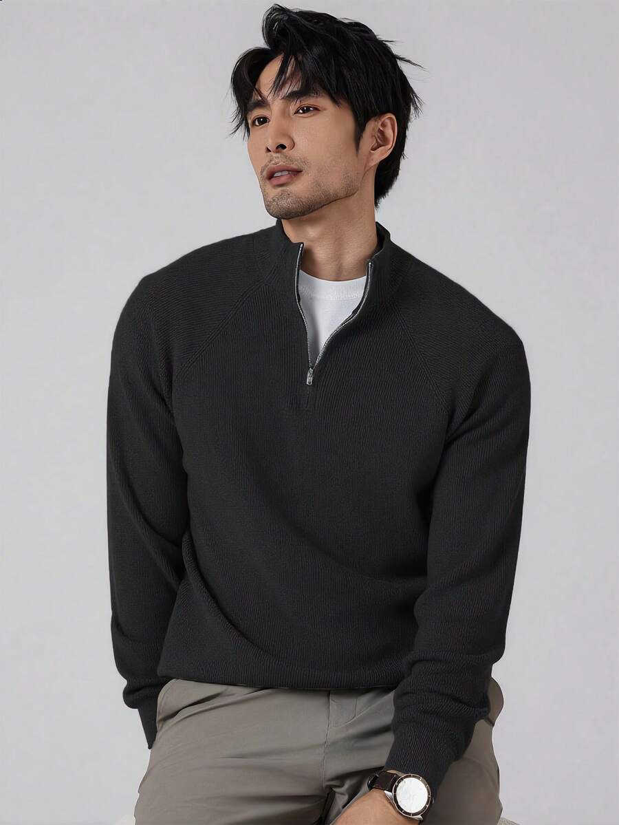 Manfinity Homme Men's Dark Grey Solid Quarter Zip Sweater,Long Sleeve Mock Neck Knit Tops,Minimalist Winter Smart Casual Work Pullover,Casual Daily Wear For Fall - Black - View 1