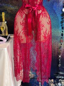 4pcs Sexy Lace Short Sleeve Lingerie Set - Burgundy - View 4