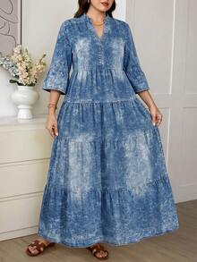 Comfylo Vestido elegante con cuello en pico y volantes en el bajo para mujer de talla grande en azul - Azul - Ver 5