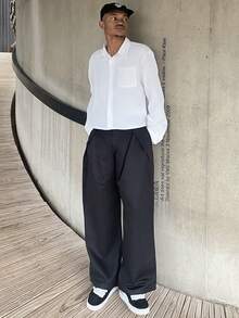 Ngobest Haus Ngobest Haus Men's Solid Color Casual Pleated Wide Leg Pants - Black - View 3