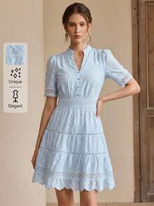 Anewsta Đầm ngắn nữ kiểu dáng nghỉ dưỡng, cổ chữ V, thời trang, thanh lịch, thêu ren, thiết kế phối ren rỗng, ôm eo. - Màu xanh lam - Xem 3