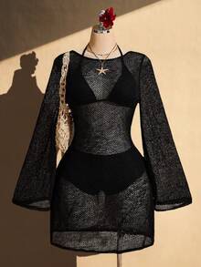 SHEIN ICON 大码女式纯色圆领喇叭袖性感连衣裙 - 黑色 - 查看 2