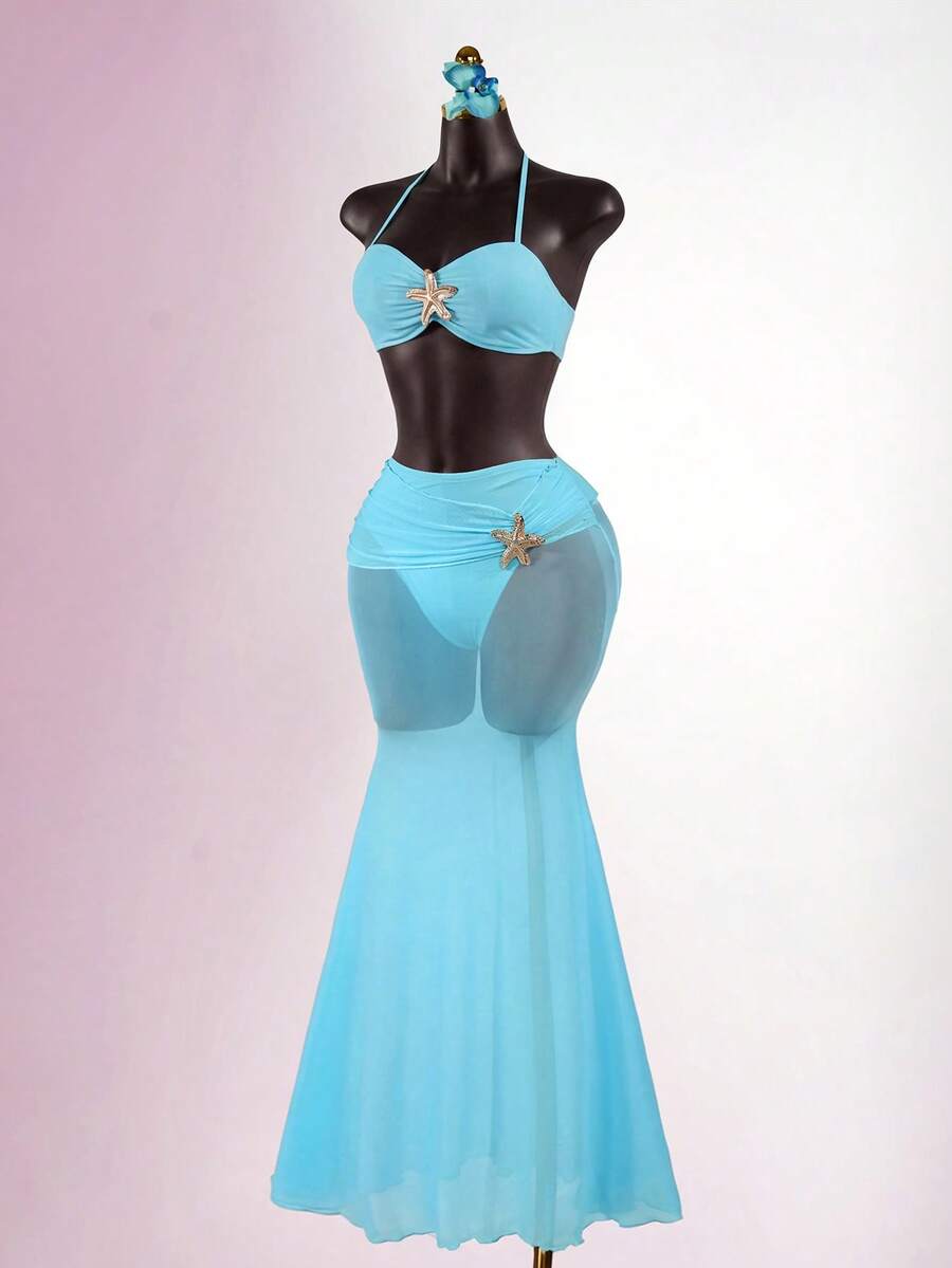 SaltGleam SaltGleam Conjunto de 2 piezas de bikini con estrella de mar y botones metálicos de sirena para vacaciones de playa de verano - Azul - Ver 1