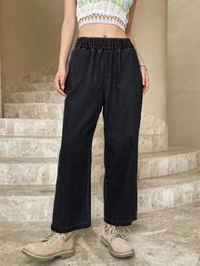 DAZY Elastic Waist Wide Leg Jeans - Black - View 4