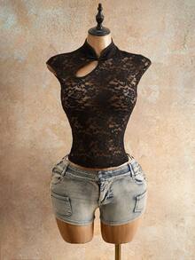 Mistrie Women's Daily Casual Elegant & Sexy Black Lace Hollow-Out Sheer Shirt With Frog Closure Decor & Slim Fit - Black - View 4