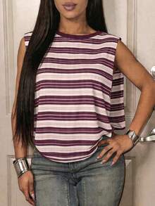Slaydiva Camiseta de tirantes casual y holgada de cuello redondo a rayas para mujer - Multicolor - Ver 1