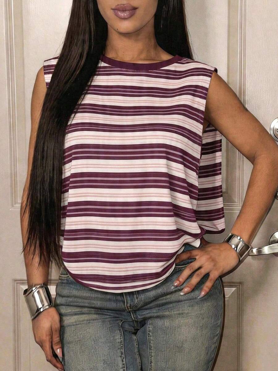 Slaydiva Camiseta de tirantes casual y holgada de cuello redondo a rayas para mujer - Multicolor - Ver 1