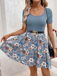 SHEIN Clasi 女士优雅印花拼接度假风圆领收腰短袖连衣裙，夏季 - 霧霾藍 - 查看 6