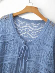 GlowEve CURVE Plus Size Elegant Hollow Out 3/4 Sleeve Round Neck Tie Bow Cardigan - Blue - View 3