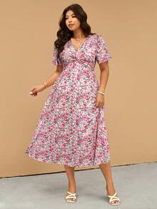 Elaquor Vestido elegante de manga corta con estampado floral para mujer de talla grande - Multicolor - Ver 4