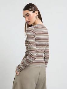 COUREZ Striped Long Sleeve Henley Neck Top/Y2K Autumn Women's Clothing Autumn Outing Outfit Women's Autumn Top Outing Top Cute Top Women's Top - Multicolor - View 3
