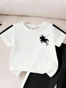 Souflis Souflis 2pcs/Set Young Boy's Casual Cowboy Logo Graphic Short Sleeve T-Shirt And Relaxed Fit Sweatpants Set,Stylish White Summer Vacation Kids Clothes Set - Multicolor - View 4