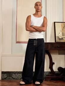 SWAVVY Pantalones anchos de hombre lavados en negro con diseño de hebilla con avión - Negro - Ver 5