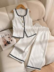 SHEIN 2件套少女编织拼接撞色滚边休闲背心和裤子套装 - 彩色 - 查看 6
