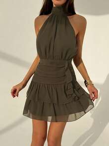 Aloruh Ruched Waist Ruffled Backless Halter Mini Dress, Suitable For Valentine's Day,Dresses For Women Summer - Army Green - View 6
