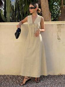 Livesso Đầm denim midi dáng suông, rộng rãi, thanh lịch, thích hợp cho mùa xuân và hè, phong cách Bohemian, thường ngày, đi nghỉ mát, du lịch, nghỉ mát, đi biển, công sở, dành cho nữ. - Màu be - Xem 4