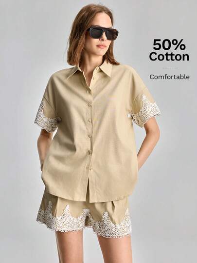 Ontre 2026SS New Summer Women's Apricot Cuff Splice Floral Trim Shirt, Women's Top, Elegant Graduation Dress, Women's Resort Dress, Beach Music Festival, Women's Formal Occasion Dress