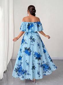 Elenzga Plus Size Women's Light Blue Floral Print Off-Shoulder Ruffle Hem Summer Boho Maxi Dress, Waist Pleated Vacation Holiday Dress For Date&Travel - Multicolor - View 2