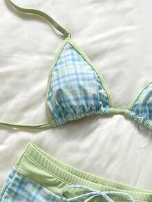 Swim Mod Women's Swimwear Bikini,Check Graphic Gingham Swimshorts,Blue,Summer,Cute,Retro Vintage,Pool Party,Holiday,Boho Vacation,Beach Outfits,Fourth Of July - Lime Green - View 4