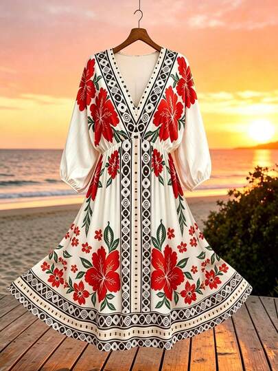 GlowEve CURVE Plus Size Women Deep V-Neck Floral Print Casual Party Dress