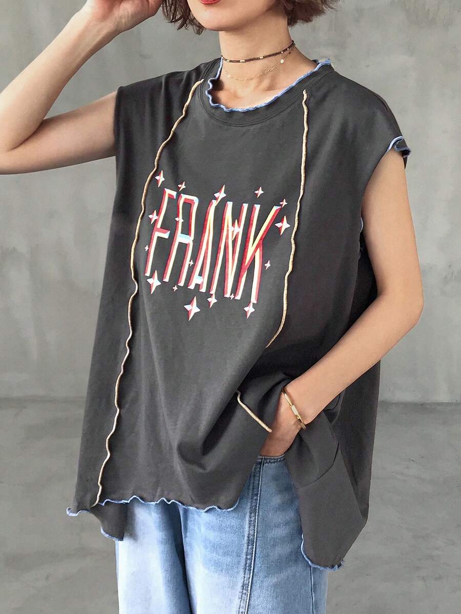FRIFUL Áo thun nữ in chữ kiểu dáng thường ngày, thích hợp cho mùa hè. - Xám - Xem 1
