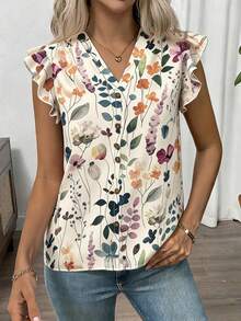 SHEIN Clasi 女士夏季沙滩度假印花V领荷叶边袖口衬衫 - 彩色 - 查看 6